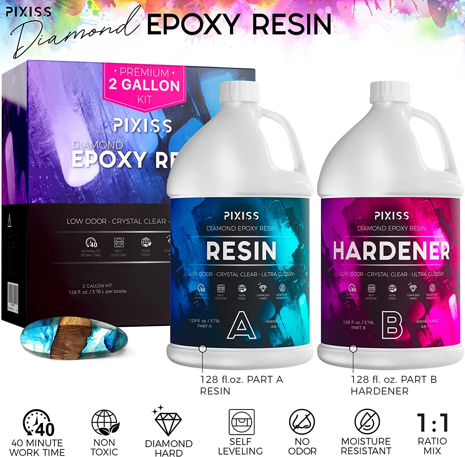 Epoxy Resin Crystal Clear Casting Resin for Epoxy and Resin Art Pixiss Brand Easy Mix 2 Gallon Kit Supplies for Tumblers, Jewelry Resin, Molds